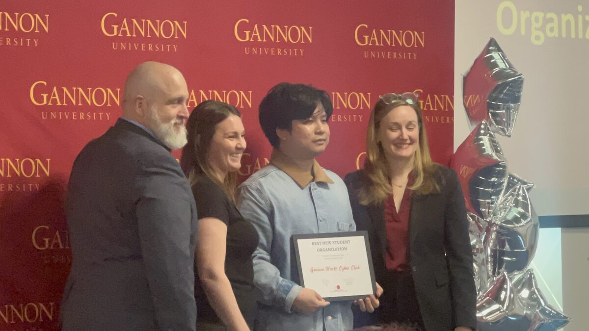 Accepting the Best New Student Organization award at the Gannon Awards Ceremony